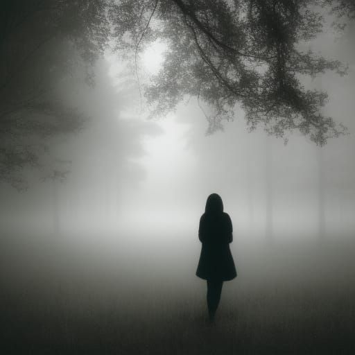 Young Woman in Foggy Woods at Night