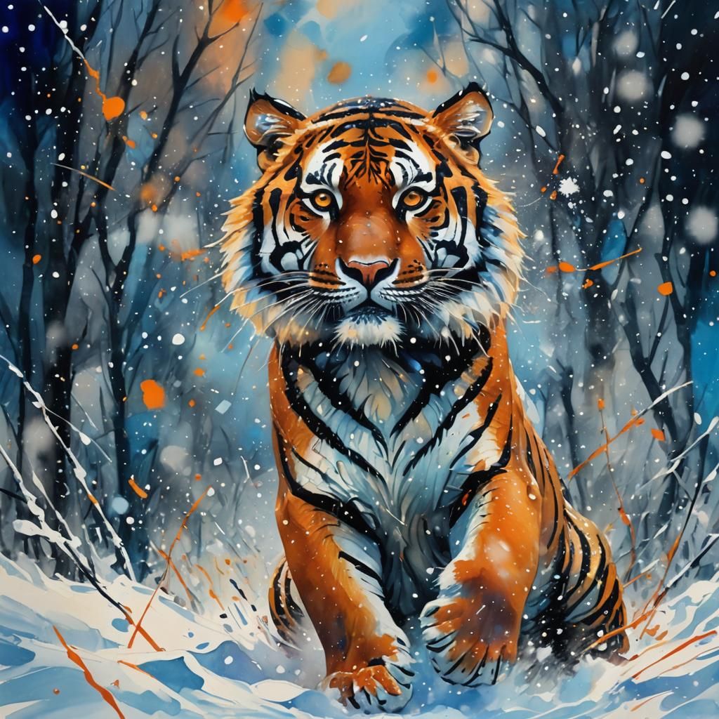 Vibrant Tiger in Snow: Fauvist Abstract Art