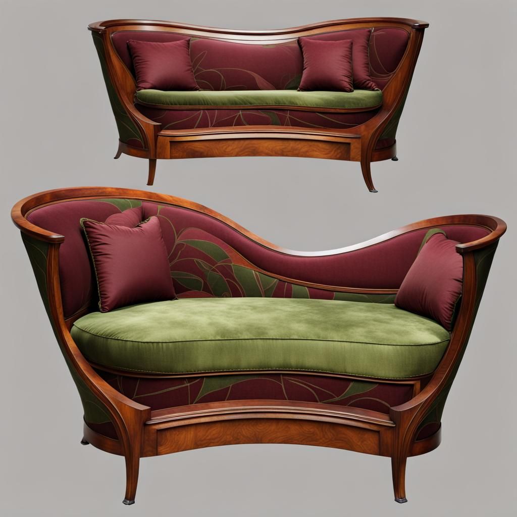 Art Nouveau Sofa with Wood Inlay and Patterned Upholstery