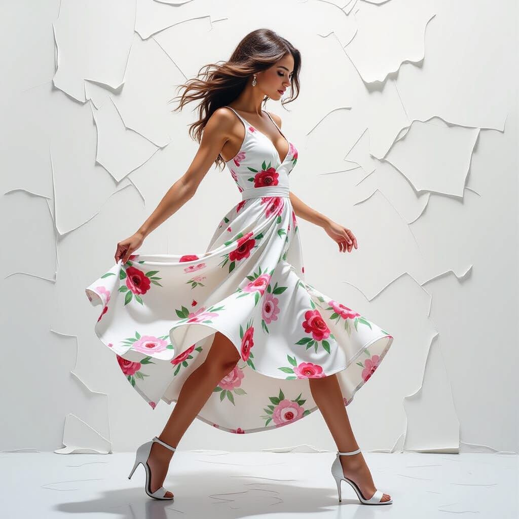 Female Dancer in Floral Dress, Impasto Style