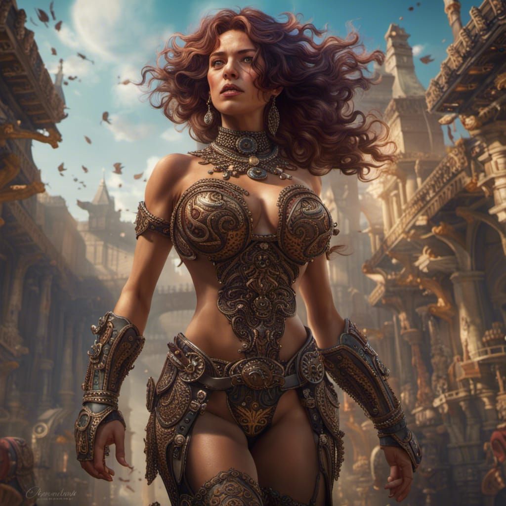 Woman Running in Prairie: Detailed Fantasy Art