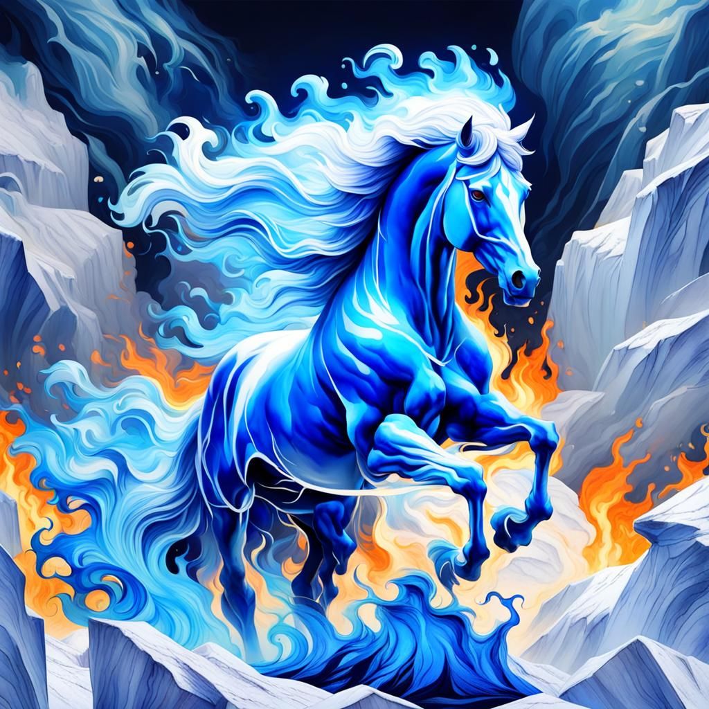 Marble Horse Ablaze in Blue Fire