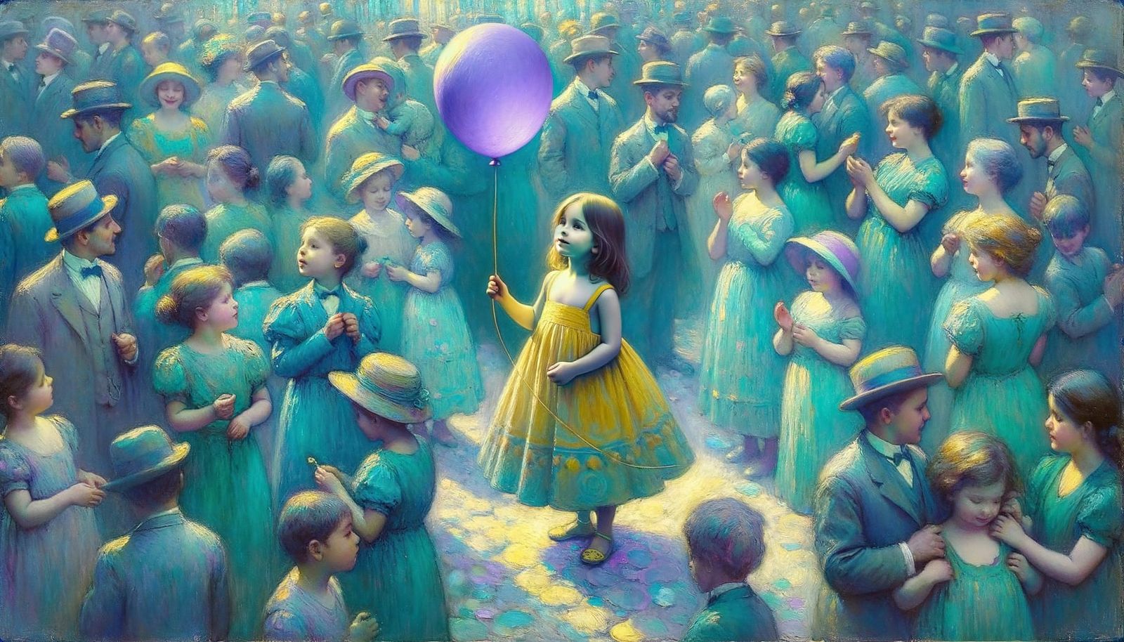 Girl with Balloon in Dreamy Art Nouveau Crowd