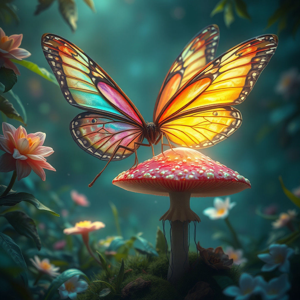 Butterfly Queen on Glowing Mushroom, Fantasy Concept Art