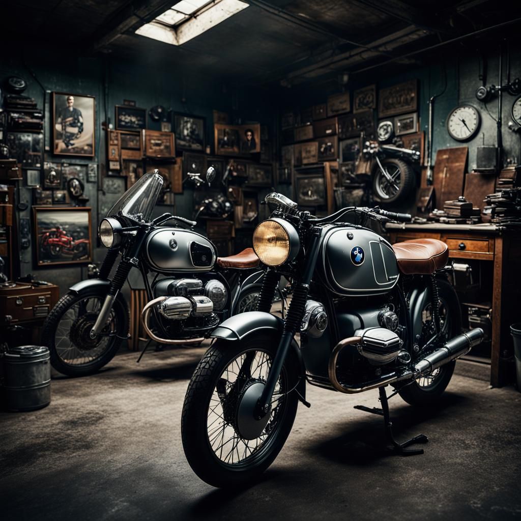 Classic BMW Motorcycles in Art Deco Garage