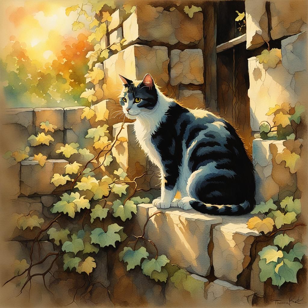 Cat on Stone Wall in Watercolor Style