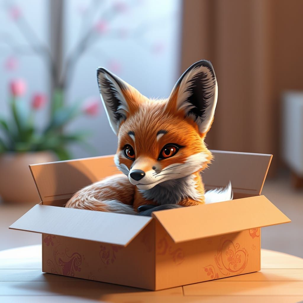 Vibrant Fox in Whimsical Cardboard Habitat