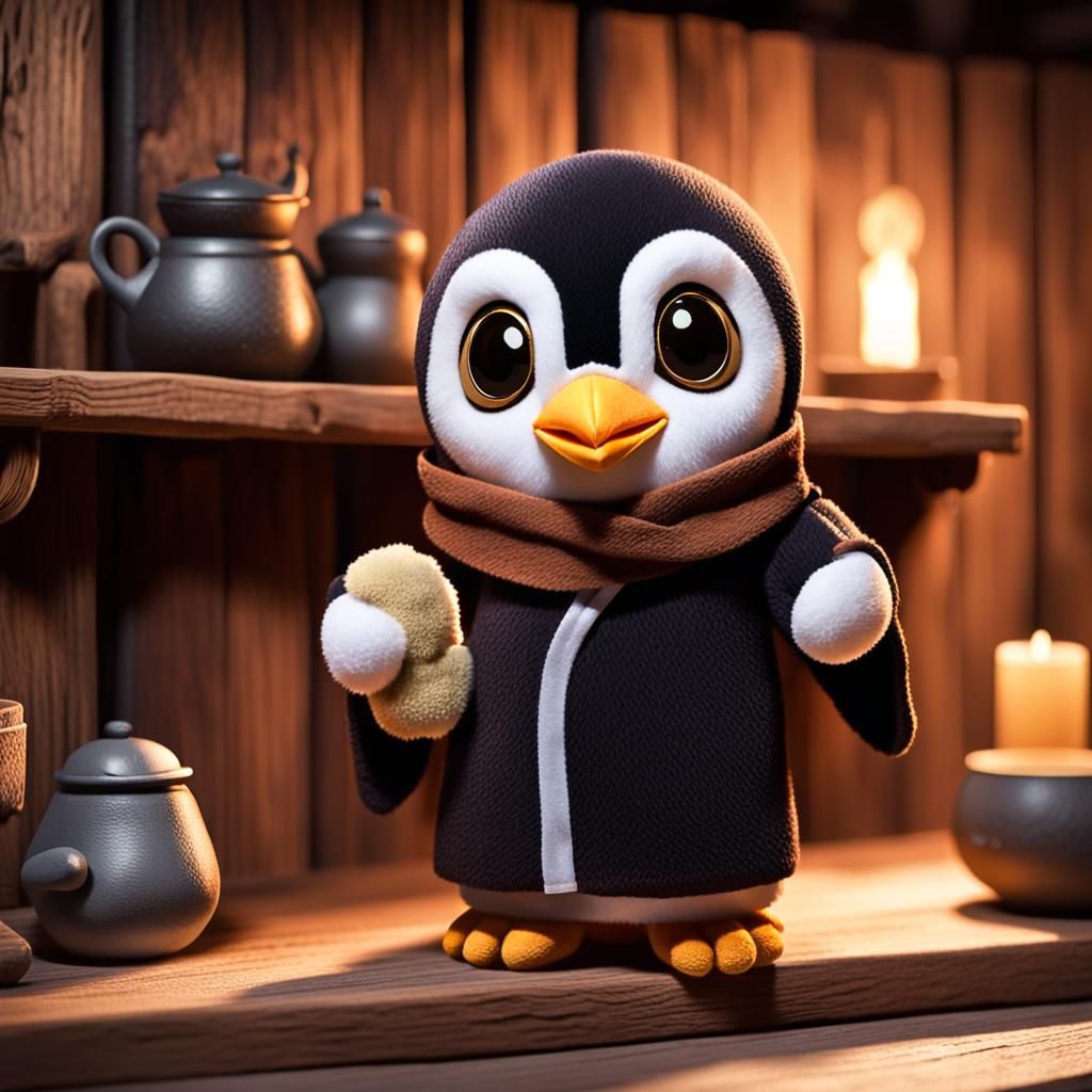 Kawaii Penguin Monk Plush Toy in 3D Style