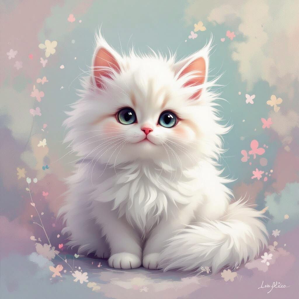 Cute Fluffy Cat in Soft Airbrushed Style