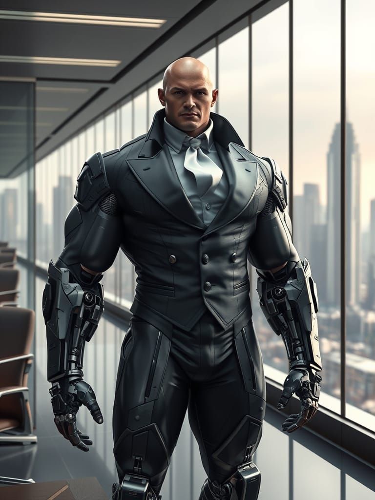 Cyborg Bodybuilder in Futuristic Office, Elegant Sci-Fi Art