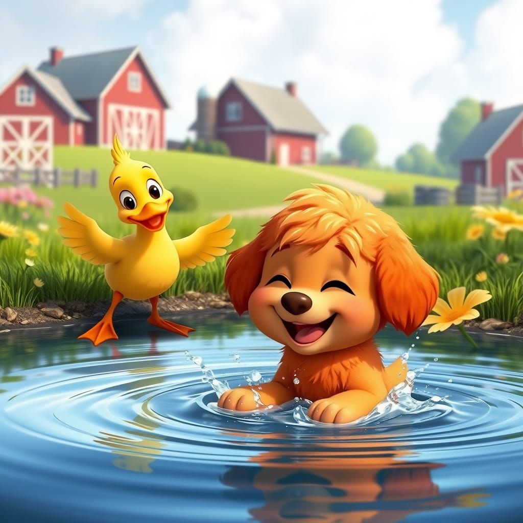 Fluffy Orange Puppy Splashing with Duck in Disney Style