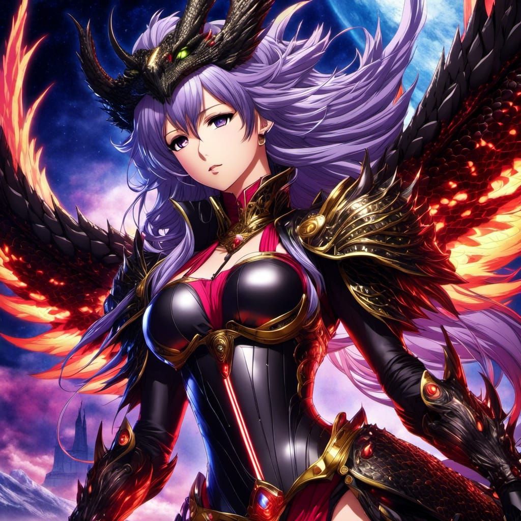 Fiery Black Dragon in Anime Style