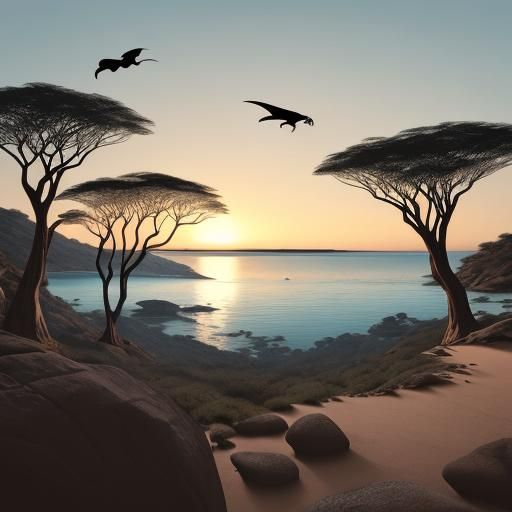 Socotra Dragon Trees and Pterodactyl, Minimalist Line Art