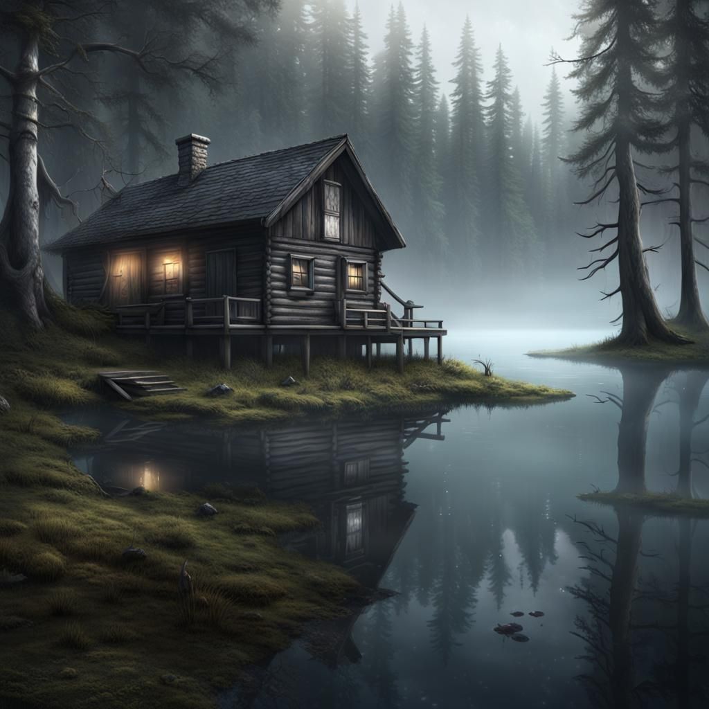 Misty Lake with Howling Creature in Photorealistic Style