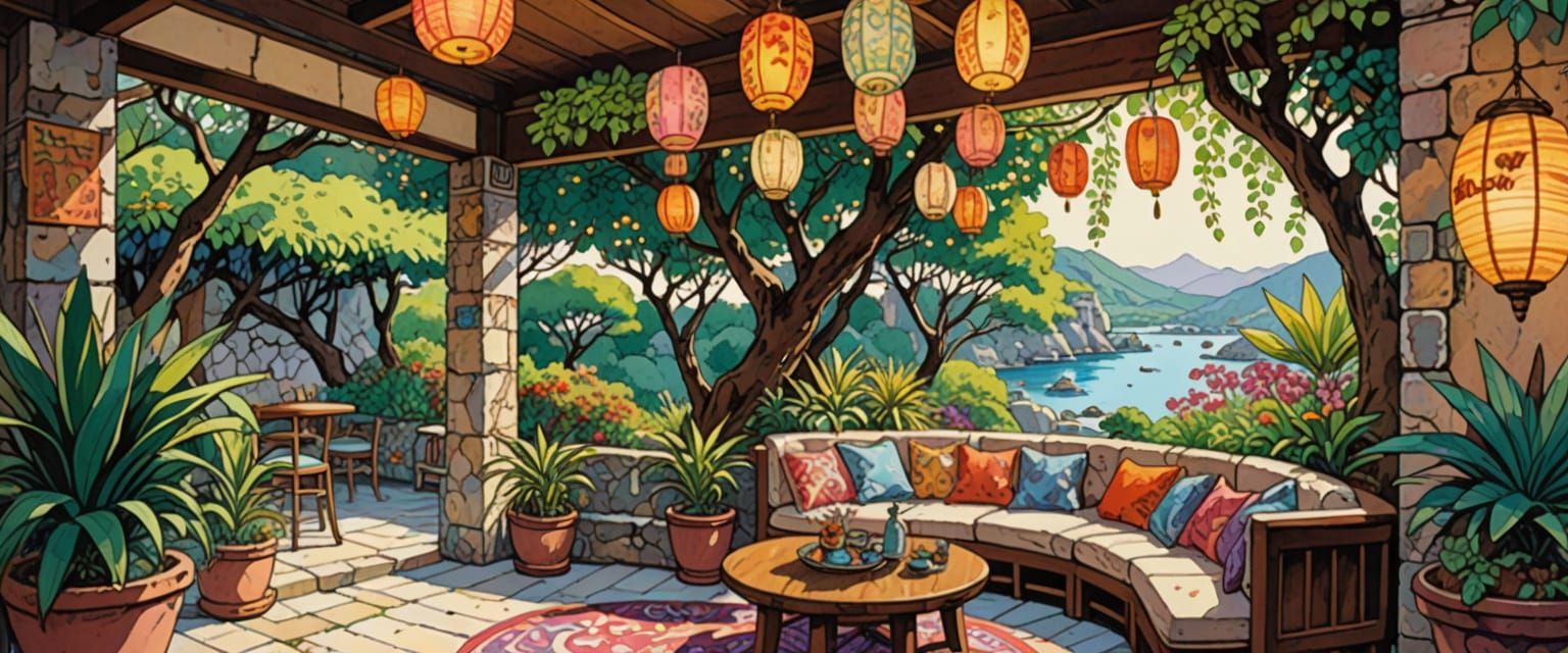 Japanese Tiki Bar in Comic Book Art Style