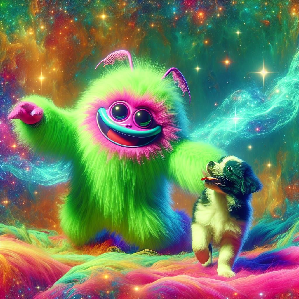 Whimsical Pink and Green Monster with Puppy