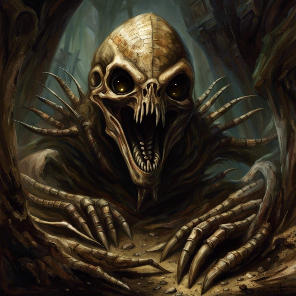 Menacing Alien Skeletal Remains in Macabre Sci-Fi Art