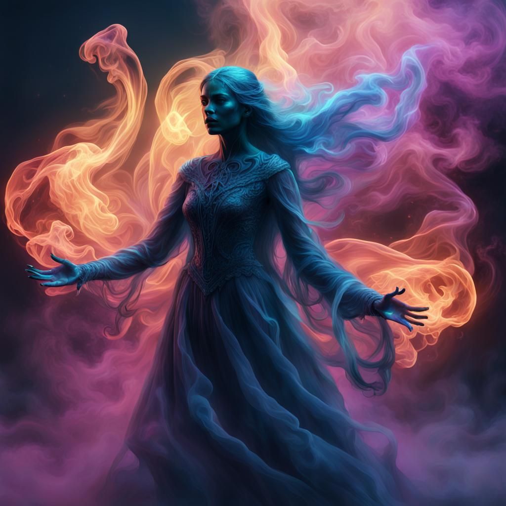Ethereal Ghost Woman Made of Fluorescent Smoke