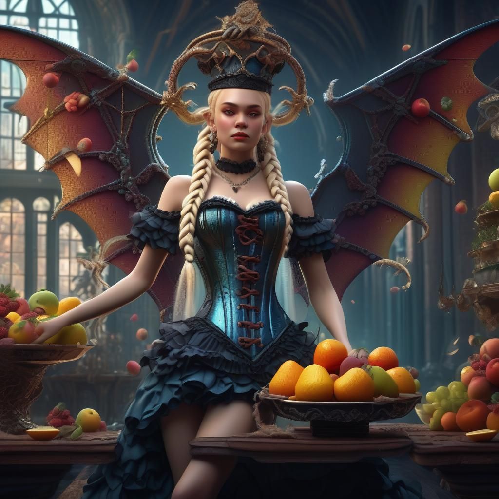 Victorian Angel with Bat Wings and Fruit Hat