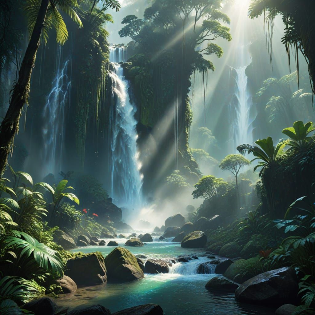Enchanting Jungle Waterfall Digital Matte Painting