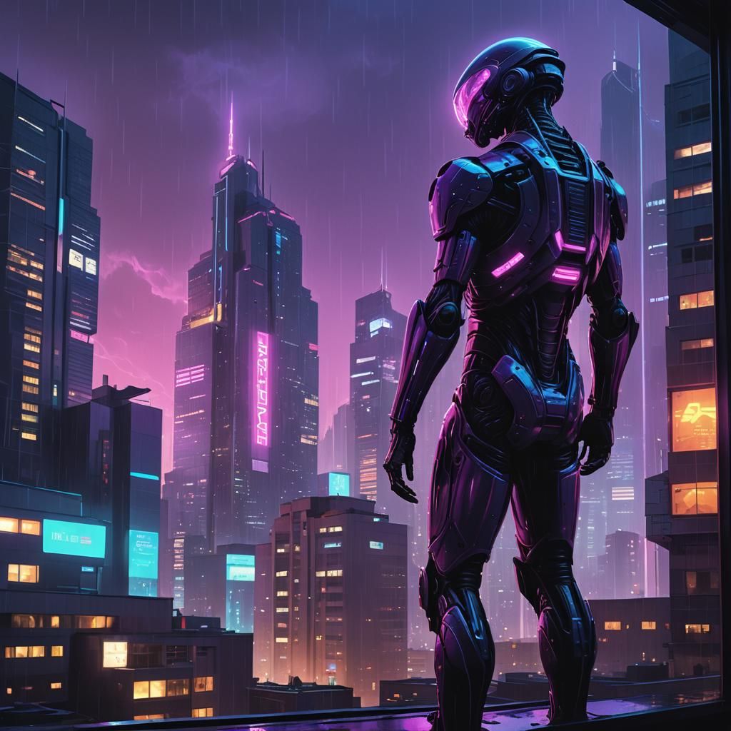 Synthwave Alien Gazing at Neon Cityscape