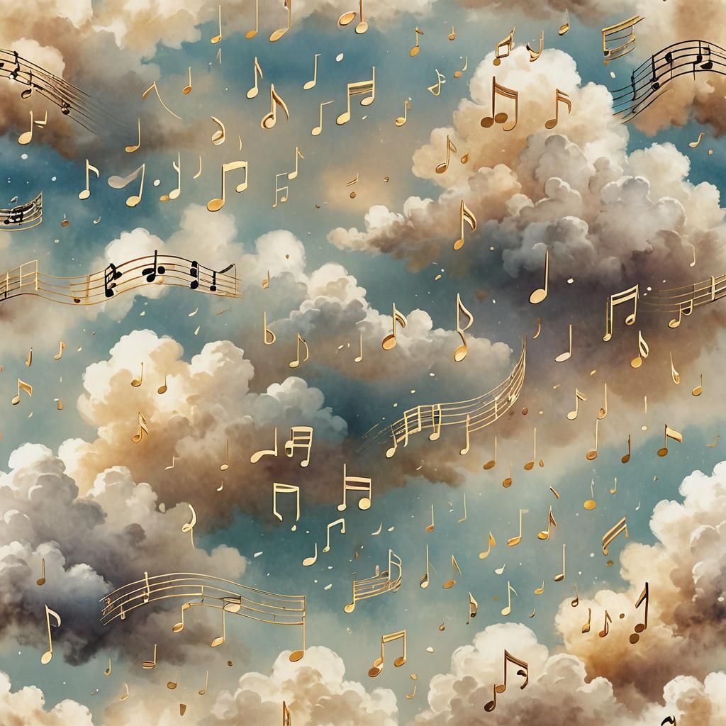 Ethereal Wooden Music Notes in Watercolor Clouds