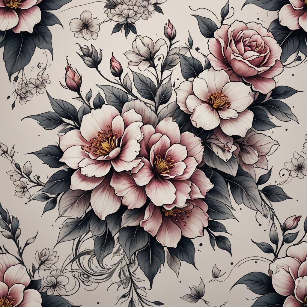 Detailed 3D Anime Flower Tattoo Design