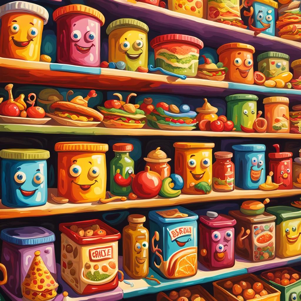 Surreal Cartoon Foods in a Grocery Store