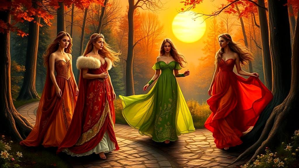 Four Seasons Goddesses in Oil Canvas