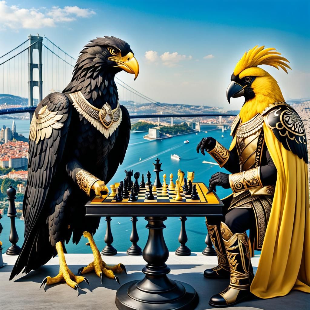Eagle and Bird Chess Game with City View