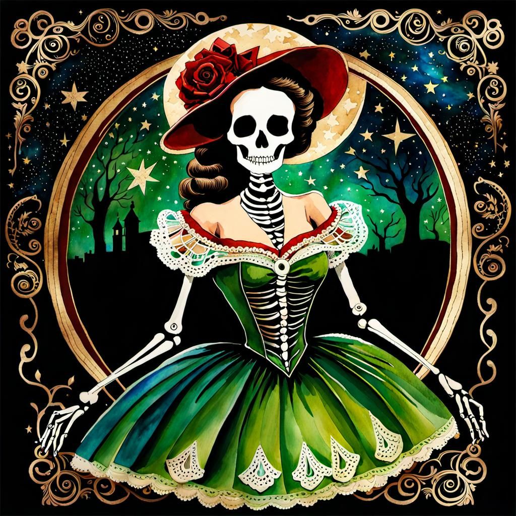 Skeleton Scarlett O'Hara Watercolor in Starry Night