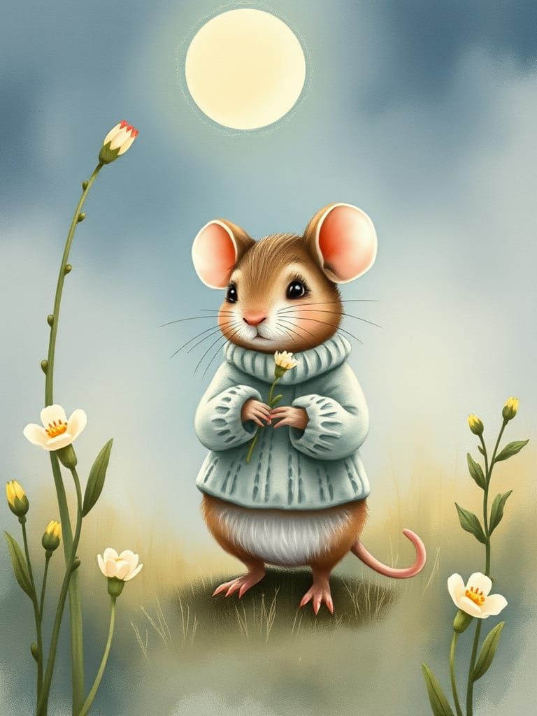 Mouse in Moonlit Meadow, Watercolor Illustration