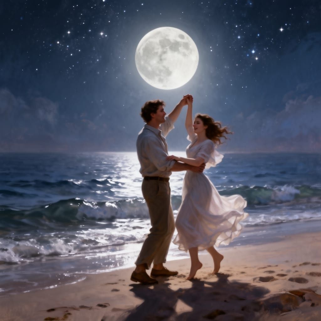 Romantic Beach Dance Under Luminous Moon