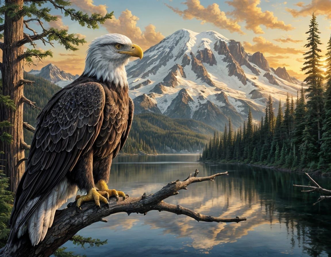 Bald Eagle Perched Regally on Pine Tree in Majestic Landscap...