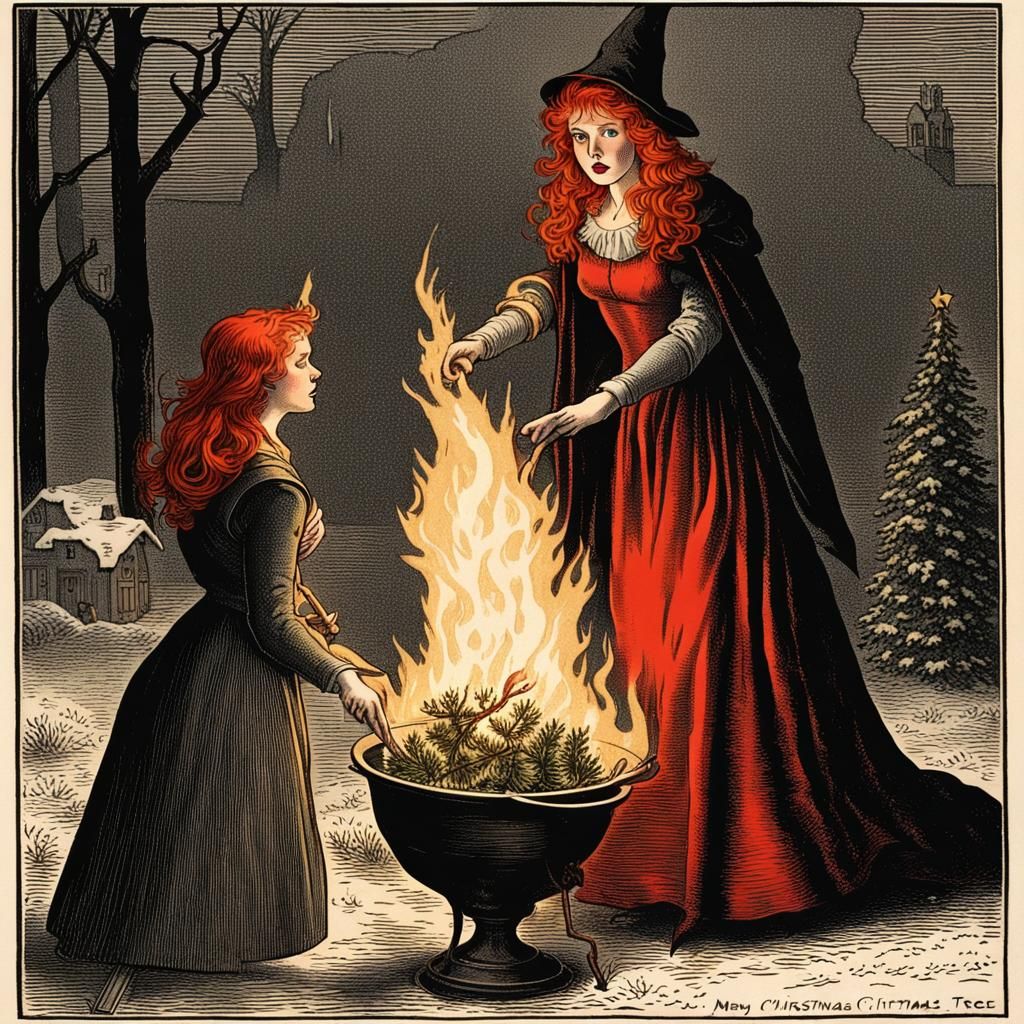 Medieval Witch Burns Christmas Tree Engraving