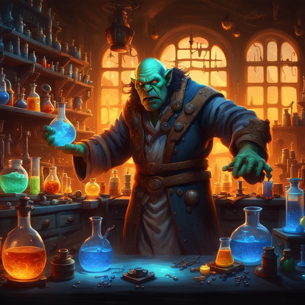 Orc Alchemist Mixing Potions: Fantasy Concept Art