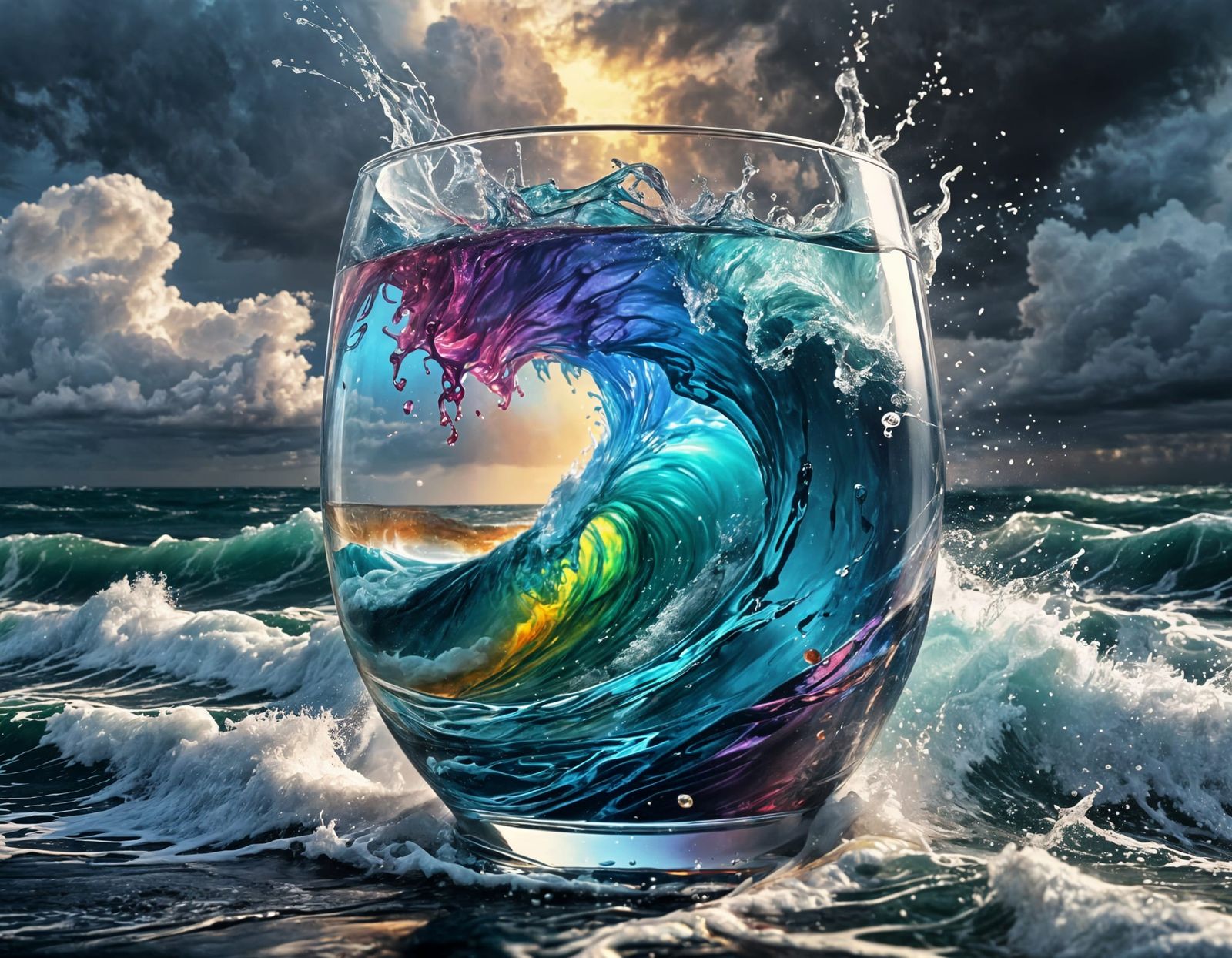 Rainbow Sea Storm in Glass: Hyperrealistic Splash Art