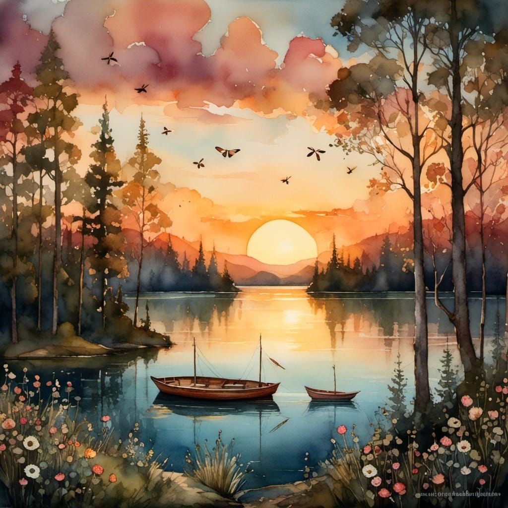 Folk Art Sunset Over Lake With Dragonflies