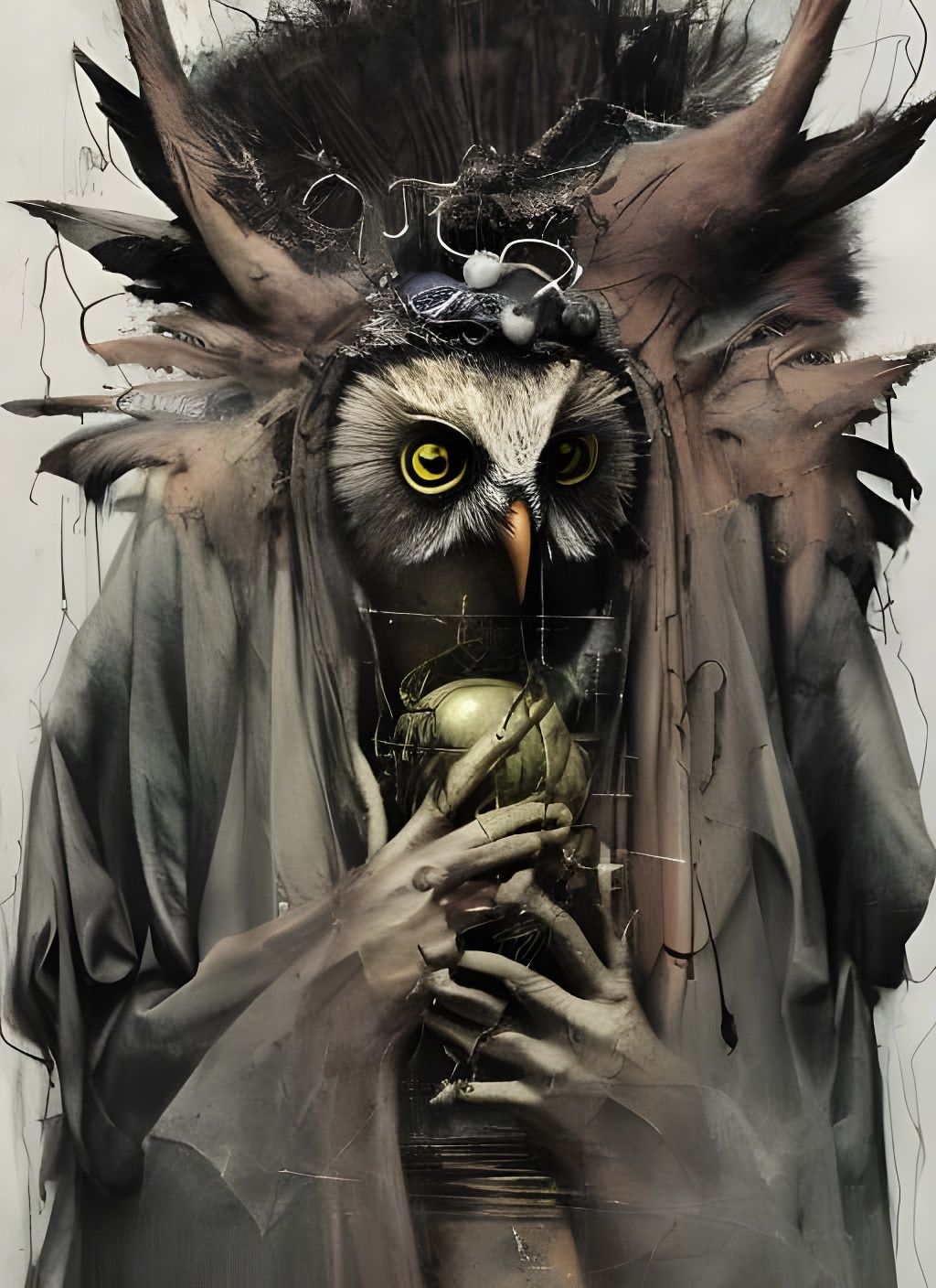 Surreal Owl-Demon Hybrid in Mixed Media Style