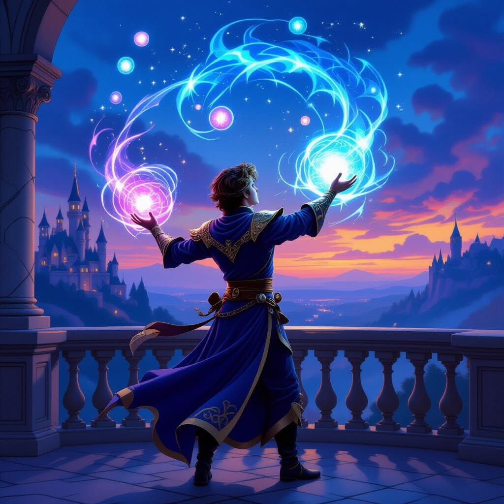 Regal Prince Conjures Magic Orbs on Castle Balcony