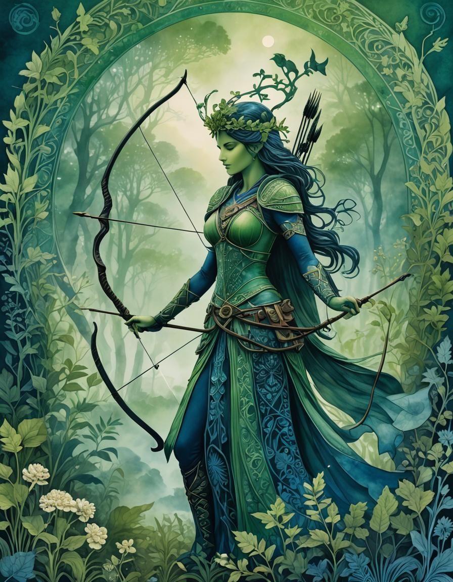 Green Artemis Silhouette in Fantasycore Zentangle Style
