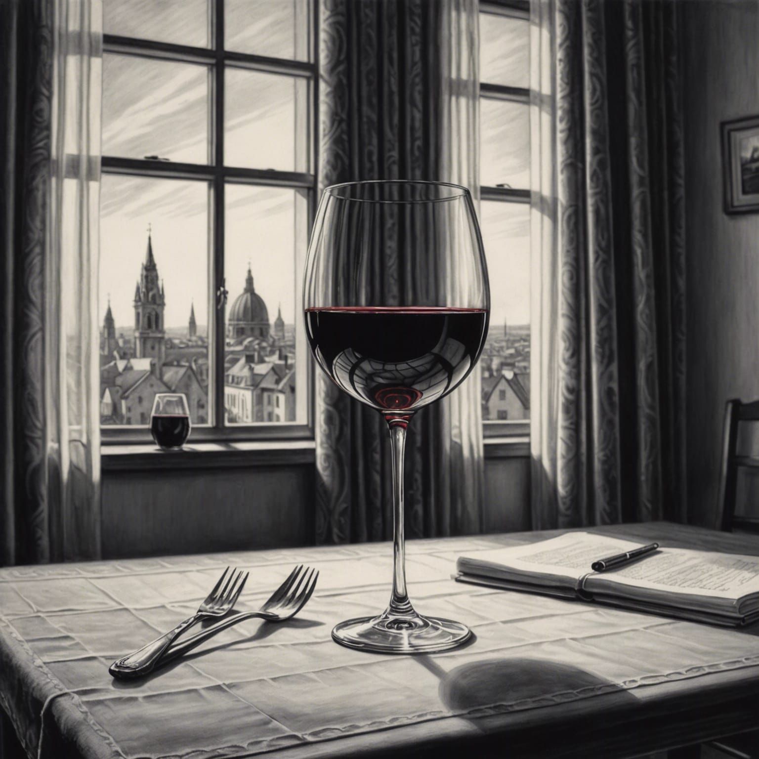 Hyperdetailed Charcoal Drawing of Wine Glass