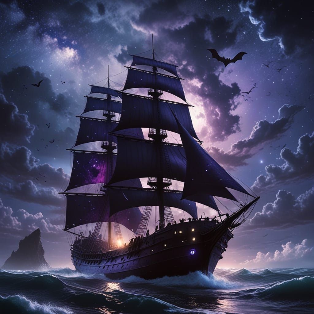 Purple Ship Sails Under Milky Way in Stormy Night