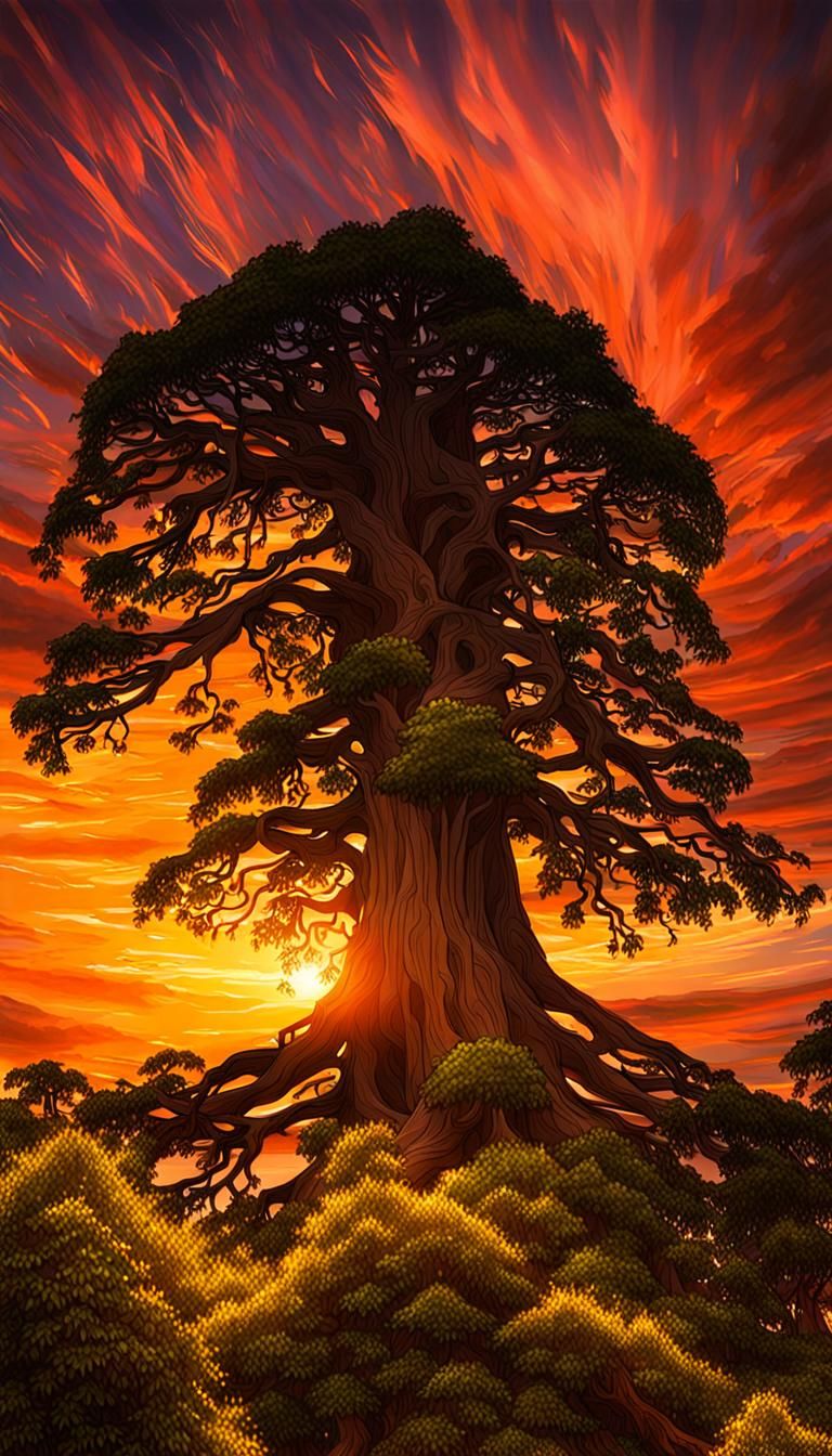 Giant Tree at Sunset: A Stunning Silhouette