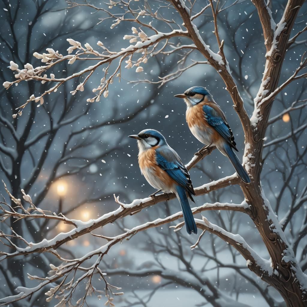 Bird in Snowy Summer Tree, Pre-Raphaelite Style