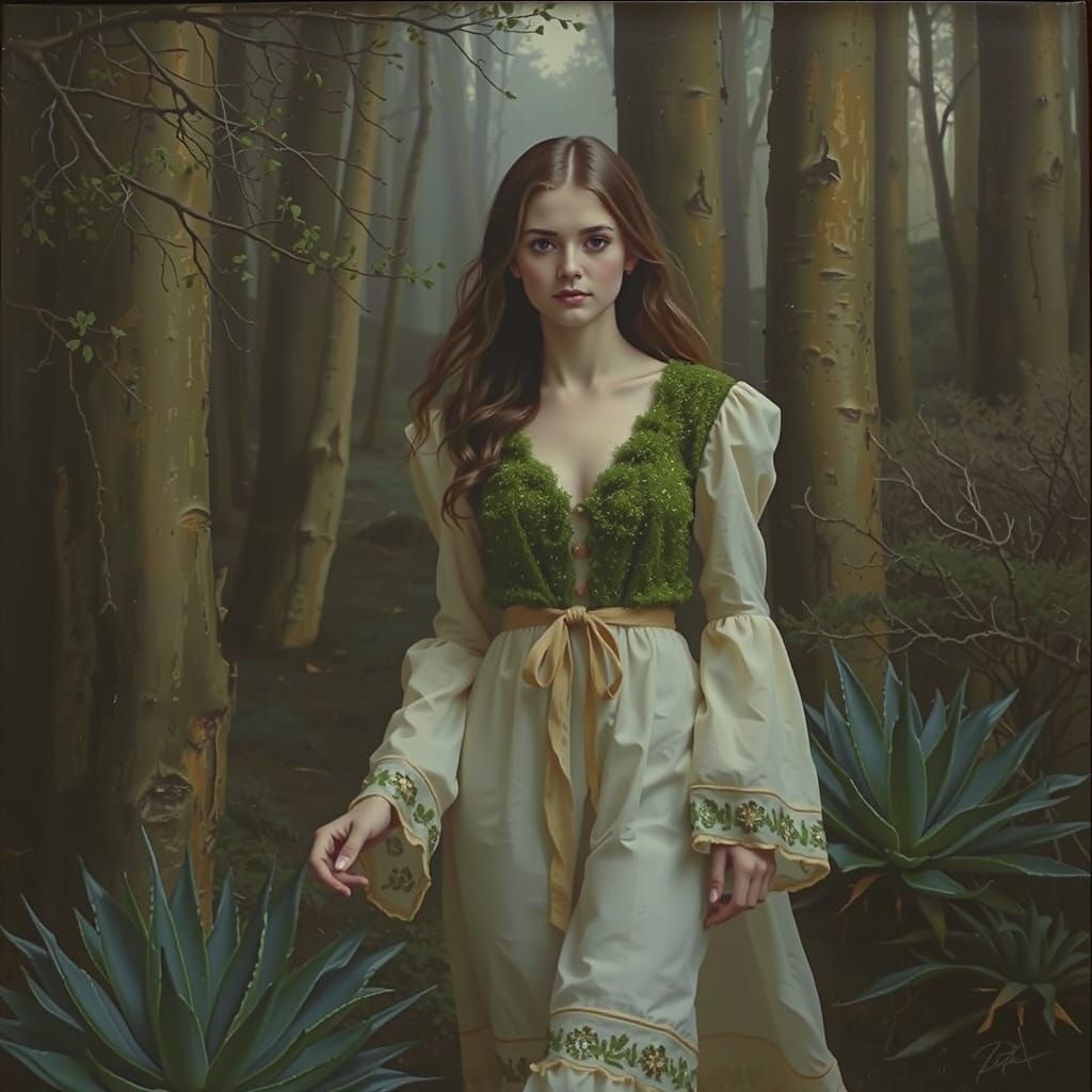 Moss Maiden Emerging From Forest in Gothic Style