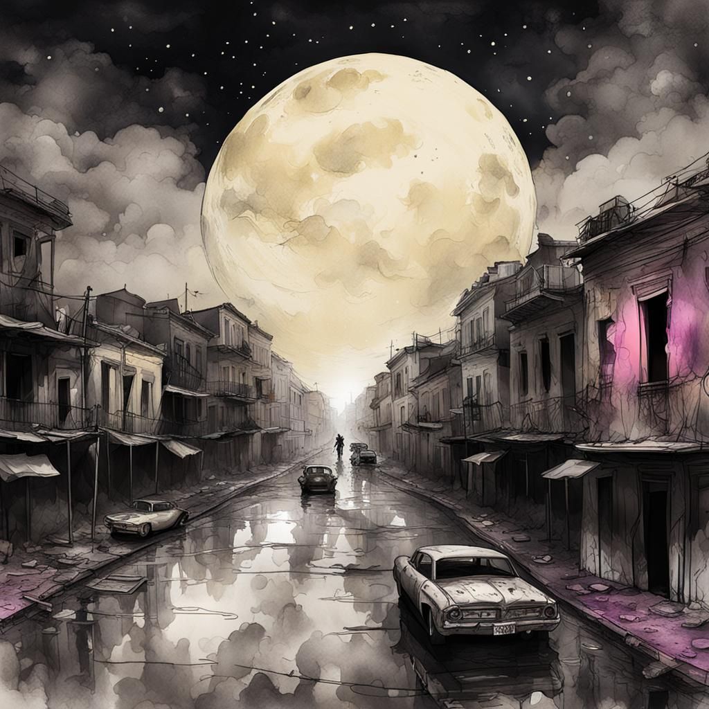 Post-Apocalyptic Mardi Gras Moonscape in Ink Painting Style