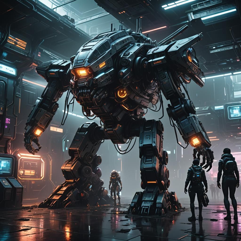 Cyberpunk Space Station Scene with Neon Lights