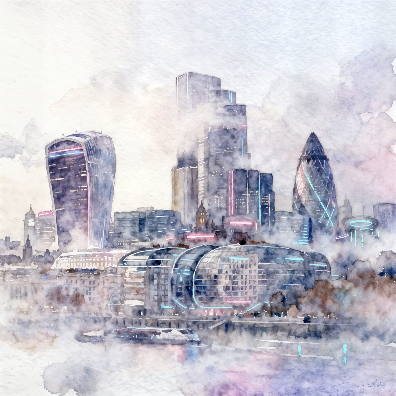 Misty London Skyline in 2100 as Watercolor Painting