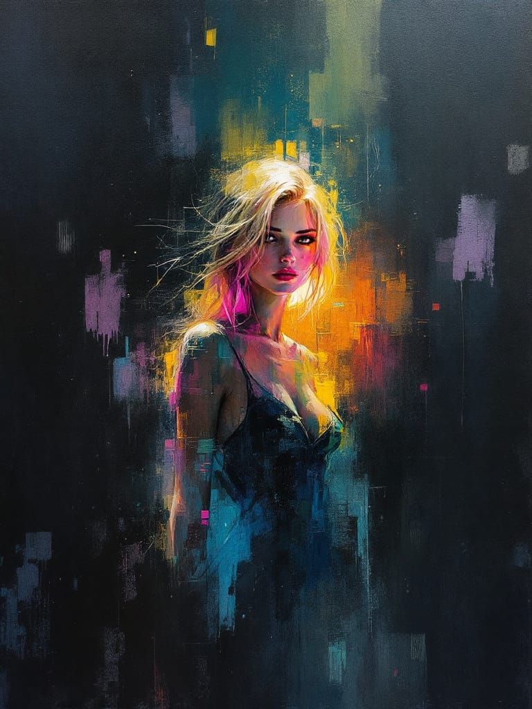 Blonde Pin-Up Woman With Pink Tips In Luminous, Turbulent At...
